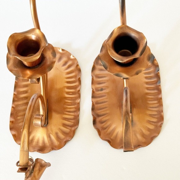 Vintage Solid Hammered Copper Candle Holders Candelabra Snuffer Gregorian MCM - Picture 5 of 14